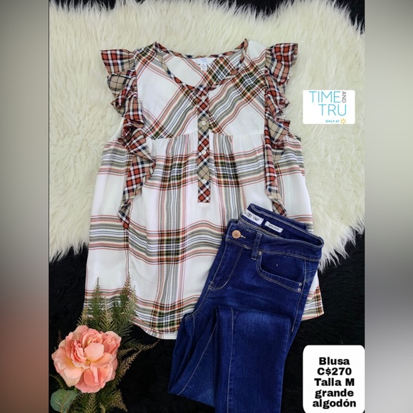 Time‎ and True White Multi Plaid Fall Ruffled Sleeveless Blouse Shirt Top Large - Picture 4 of 11